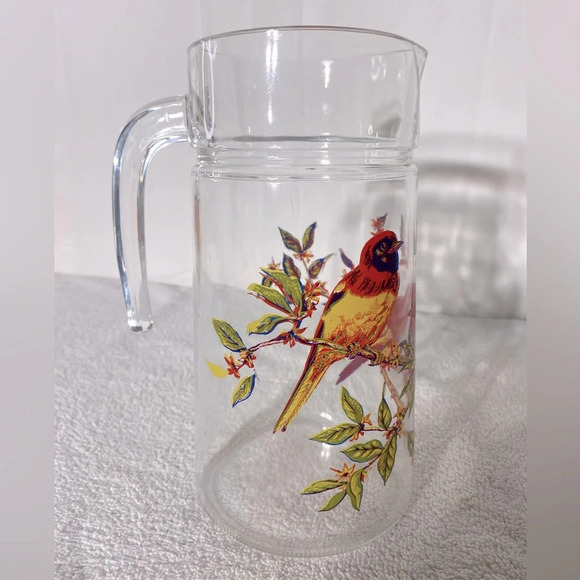 Vintage Luminarc Red Yellow Bird Glass Pitcher - Picture 1 of 13